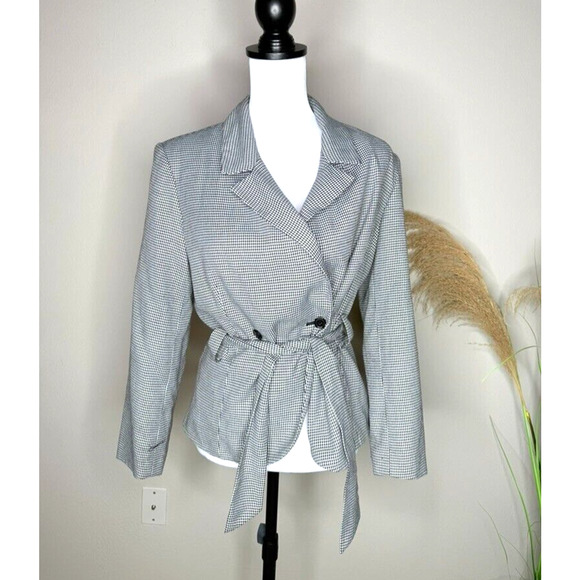 Moda Spiegel Preppy Blazer Waist Tie Houndstooth Herringbone Collar Sz 10 Belt - Picture 1 of 7